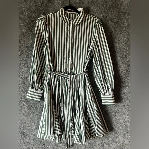 Maje Paris women striped Dress Greenwhite flared skirt formal coquette 32”waistM - Picture 9 of 16